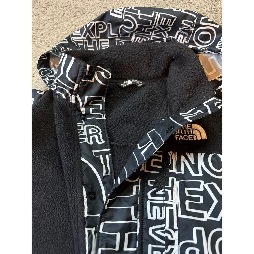 The North Face Kids Black White‎ All Over Logo Fleece Jacket Hooded Size YXL